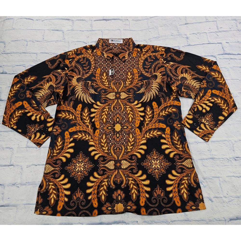 Batik Keris Button Up Shirt Mens 17 Black Gold Cendrawasih Sogan Cotton Print